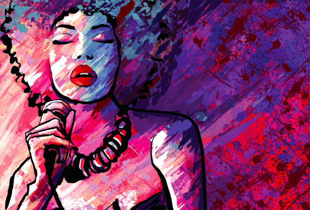 Jazz singer with microphone on grunge background